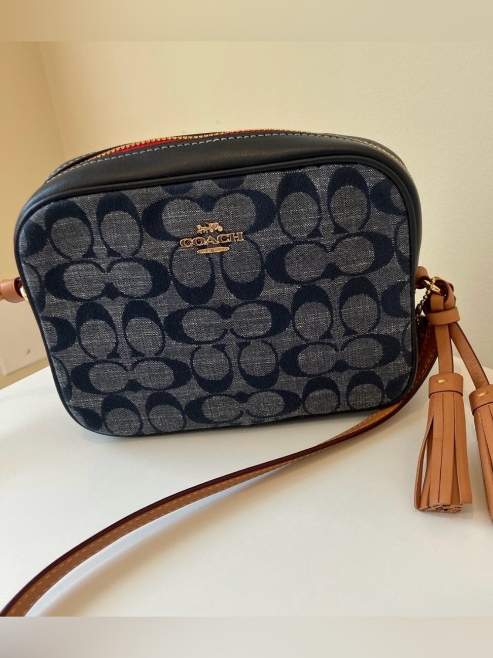 Coach Mini Camera Bag in Signature Chambray Blue and Red